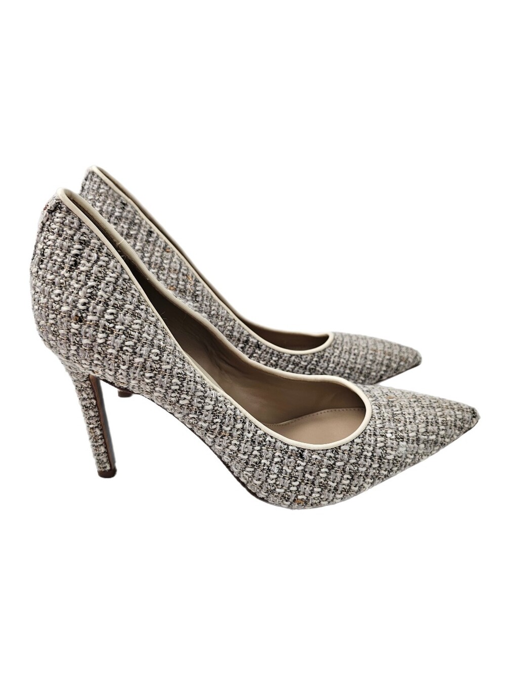 Sam Edelman Hazel Pointed Toe Pump Ivory Boucle Tweed Sequin 7.5M 3.75" Heel